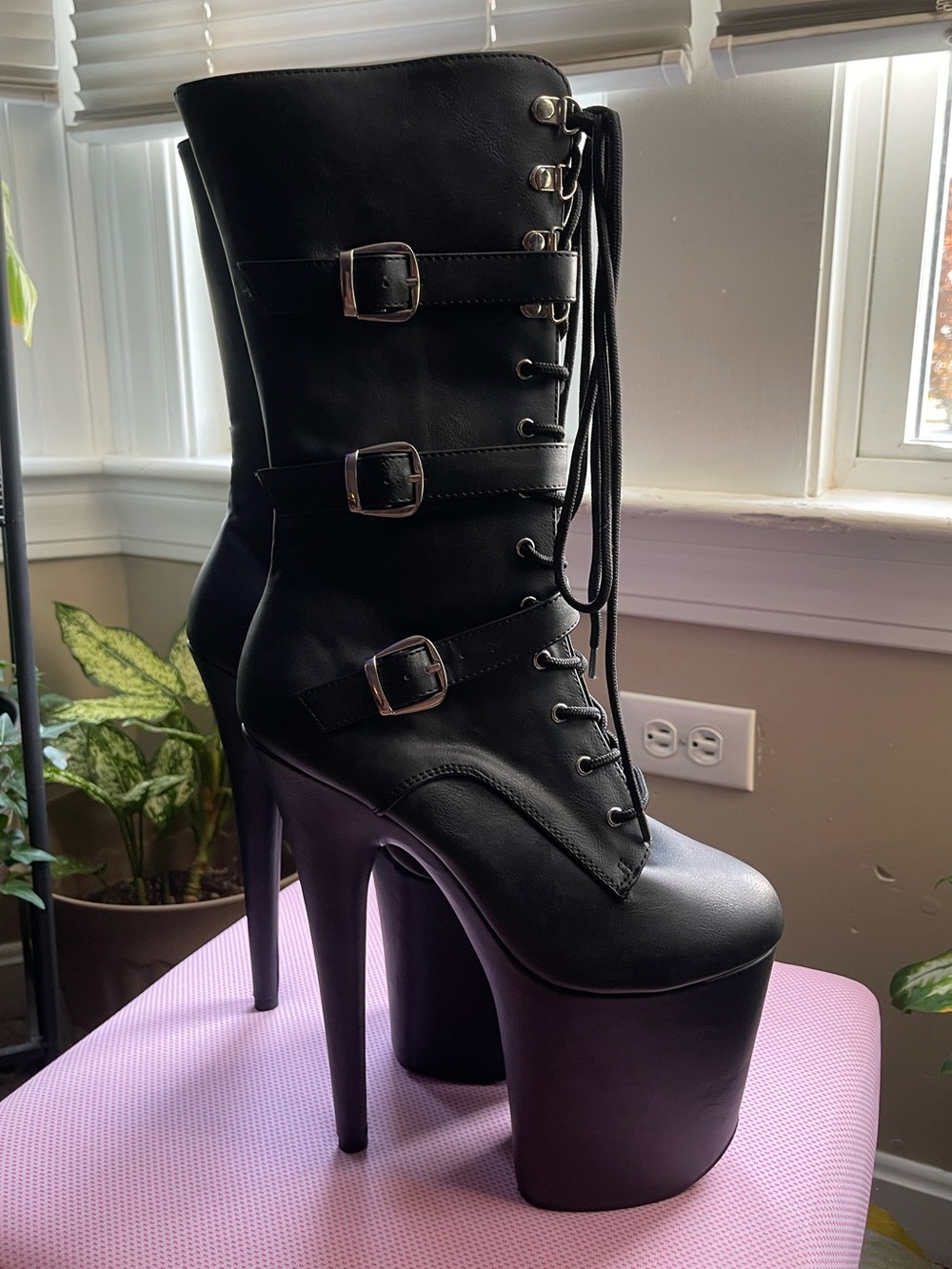 Pleaser Flamingo-1053 Black Matte Mid-Calf Platform Boots - 8 Inch Heel, NIB